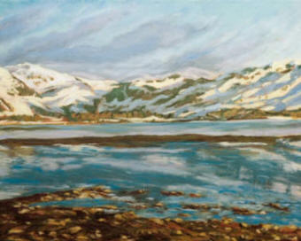 A winter view from the shore at Lochcarron looking towards Attadale. Prints of this painting are available as Christmas cards.